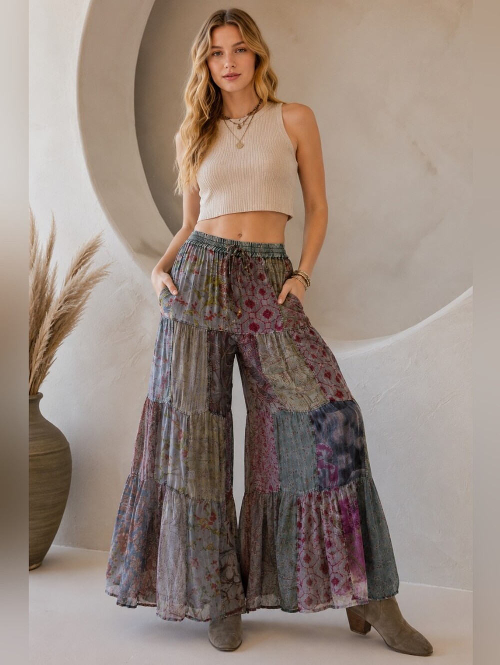 Young Threads Retro Revival Long Flared Patchwork Pants – Gray
